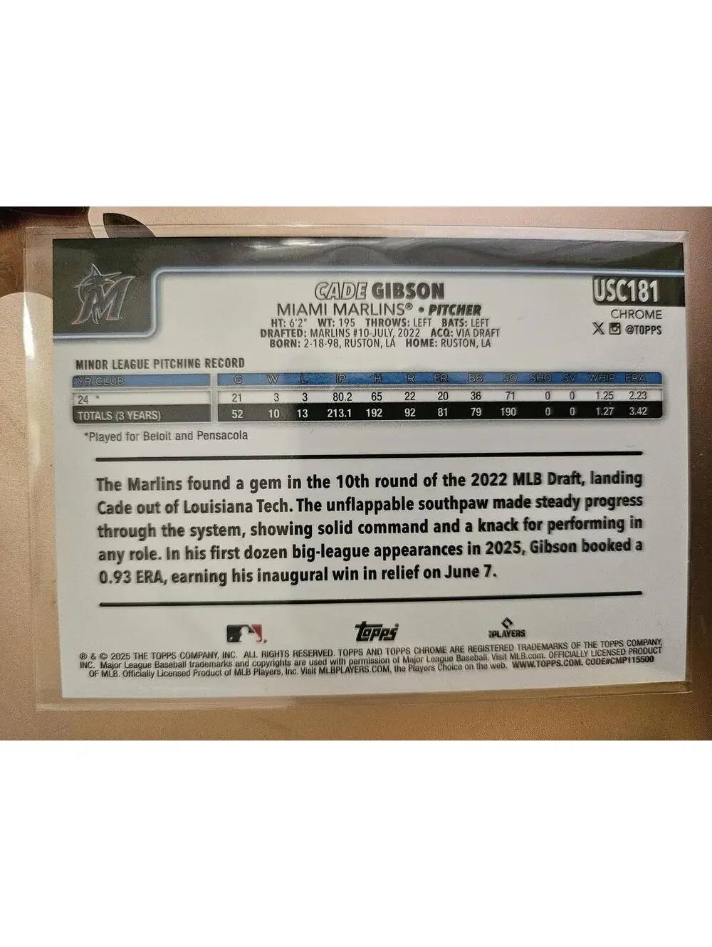 2025 Topps Chrome Update - Cade Gibson (RC) USC181- Marlins - RAW Mint - Picture 2 of 2